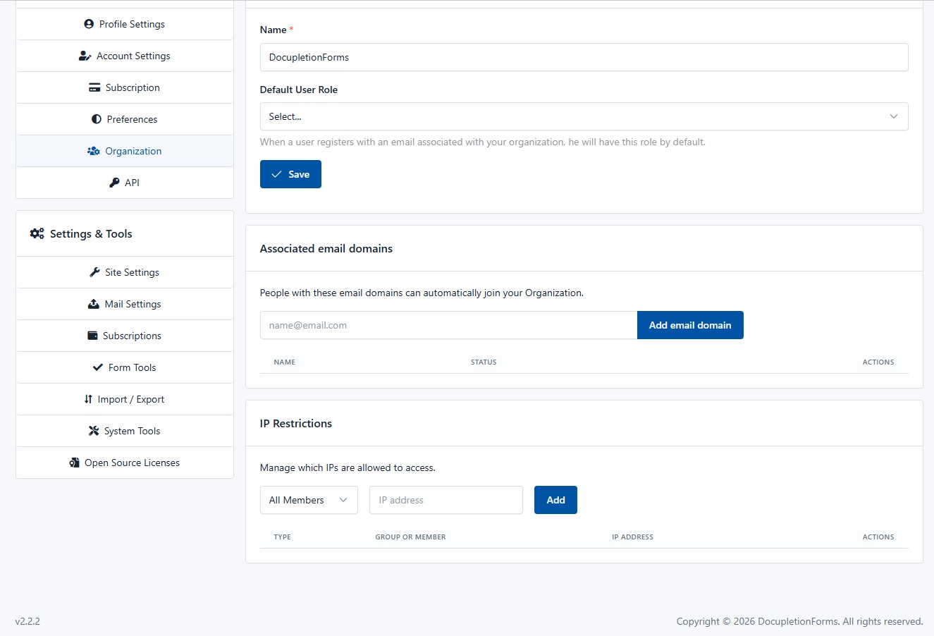 IP Restrictions configuration panel in DocupletionForms Organization Settings